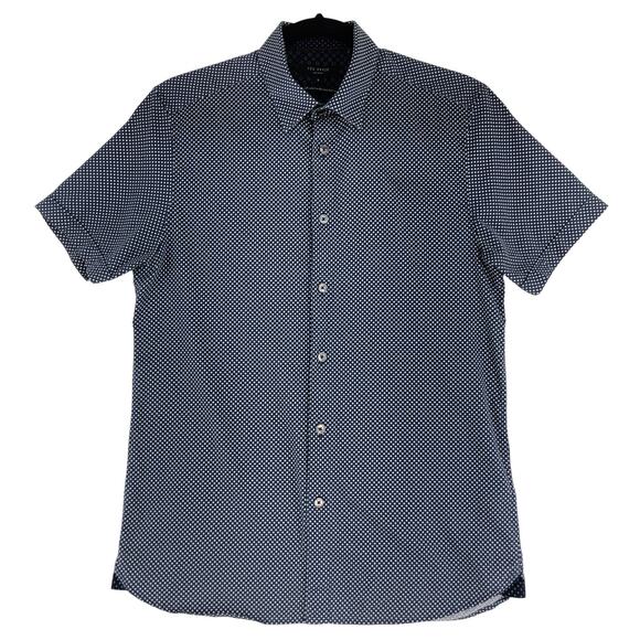 Ted Baker Shirt Mens M Navy Geometric Short Sleeve Button Up Cotton Stretch - Picture 1 of 15